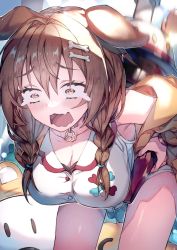 Rule 34 | 1girl, animal ears, bent over, bone hair ornament, braid, breasts, brown eyes, brown hair, cowboy shot, dog ears, hair between eyes, hair ornament, hololive, hoso-inu, inugami korone, inugami korone (1st costume), jacket, large breasts, long hair, off shoulder, open clothes, open jacket, open mouth, redcomet, shirt, sleeveless, sleeveless shirt, solo, twin braids, virtual youtuber, wavy hair, white shirt, yellow jacket