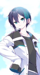 Rule 34 | 1boy, amimi, black hair, black shirt, buttons, closed mouth, collarbone, dot nose, ear piercing, earrings, green eyes, green hair, hair between eyes, hand on own hip, highres, jacket, jewelry, blue background, long sleeves, looking at viewer, male focus, mayuzumi kai, multicolored hair, nijisanji, piercing, shirt, short hair, sleeves past wrists, solo, streaked hair, two-tone background, virtual youtuber, white background