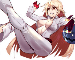 Rule 34 | 1girl, absurdres, areola slip, ball and chain restraint, belt, blush, bodysuit, breasts, cleavage, covered erect nipples, gloves, grin, guilty gear, guilty gear xrd, high collar, highres, jack-o&#039; valentine, kisaragi tsurugi, long hair, medium breasts, navel, no bra, plunging neckline, red eyes, red gloves, skin tight, smile, solo, very long hair
