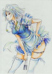 Rule 34 | 1girl, absurdres, bad id, bad pixiv id, braid, colored pencil (medium), female focus, hand on own hip, highres, izayoi sakuya, kitazinger, knife, leaning forward, maid headdress, red eyes, short hair, silver hair, solo, thighhighs, touhou, traditional media, twin braids, white thighhighs