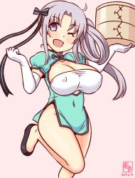 Rule 34 | 1girl, adapted costume, akitsushima (kancolle), aqua dress, artist logo, bamboo steamer, breasts, china dress, chinese clothes, cleavage, cowboy shot, dated, dress, dumpling, food, grey hair, hair ornament, hair ribbon, kanon (kurogane knights), kantai collection, large breasts, long hair, looking at viewer, one eye closed, open mouth, pink background, purple eyes, purple hair, ribbon, short sleeves, side ponytail, smile, solo, standing, standing on one leg