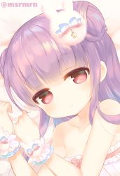 Rule 34 | 1girl, bad id, bad pixiv id, bare arms, bare shoulders, blush, bow, closed mouth, collarbone, commentary request, double bun, hair bun, hair ornament, long hair, looking at viewer, lying, mashiro miru, on side, patchouli knowledge, pink bow, purple hair, rabbit hair ornament, red eyes, shirt, side bun, sidelocks, smile, solo, strapless, striped, striped bow, touhou, twitter username, white shirt, wrist cuffs