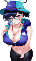 Rule 34 | 1girl, absurdres, aqua-framed eyewear, bare shoulders, between breasts, black hair, black pantyhose, blue archive, blue hat, blue vest, blush, breasts, chihiro (blue archive), chihiro (camp) (blue archive), cleavage, collarbone, commentary, cowboy shot, glasses, green hat, hair between eyes, halo, hat, highres, hood, hood down, hooded vest, hoodie, large breasts, looking at viewer, navel, official alternate costume, official alternate hairstyle, open mouth, pantyhose, short hair, sidelocks, simple background, solo, ssb (nit8921), standing, steam, stomach, strap between breasts, sweat, thigh strap, two-tone headwear, vest, white background