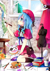Rule 34 | 1girl, animal ears, animal hood, between legs, blue eyes, blue hair, blue ribbon, book, capelet, date a live, day, dress, dress shirt, fake animal ears, flower, gyaza, hair between eyes, hand between legs, hat, holding, holding brush, hood, indoors, kneehighs, long hair, miniskirt, open mouth, painting (action), pleated skirt, rabbit hood, red hat, red skirt, ribbon, shirt, short dress, sitting, skirt, socks, solo, striped clothes, striped socks, vertical-striped clothes, vertical-striped socks, white dress, white shirt, white socks, yellow flower, yoshino (date a live), yoshinon