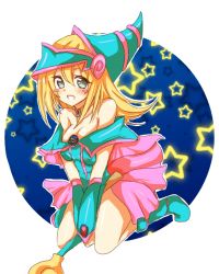 Rule 34 | 1girl, aya (421ura), bare shoulders, blonde hair, blue eyes, blue footwear, blush stickers, boots, breasts, choker, cleavage, dark magician girl, dress, duel monster, full body, hat, pentacle, skirt, smile, solo, staff, star (symbol), starry background, strapless, strapless dress, vambraces, wizard hat, yu-gi-oh!, yuu-gi-ou, yu-gi-oh! duel monsters
