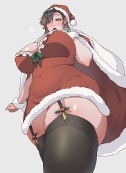 Rule 34 | 1girl, black thighhighs, character request, commentary request, copyright request, covered erect nipples, garter straps, grey background, hair over one eye, half-closed eyes, hat, heart, highres, looking at viewer, muroku (aimichiyo0526), santa hat, simple background, solo, thighhighs, thighs
