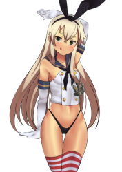 Rule 34 | 10s, 1girl, :q, anchor hair ornament, black panties, blonde hair, blush, elbow gloves, gloves, green eyes, hair ornament, hairband, highleg, highleg panties, highres, kantai collection, long hair, moriya1707, navel, panties, shimakaze (kancolle), simple background, solo, striped clothes, striped thighhighs, tan, thighhighs, tongue, tongue out, underwear, white background, white gloves