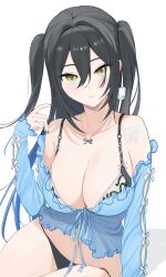 Rule 34 | 1girl, absurdres, bikini, black bikini, black hair, blue nails, bow, bowtie, breasts, collarbone, covered navel, highres, jewelry, lingerie, long sleeves, looking at viewer, mizukuma iro, multicolored eyes, necklace, original, simple background, sitting, solo, swimsuit, twintails, underwear, white background