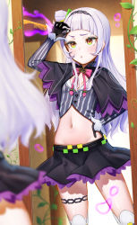 Rule 34 | 1girl, black capelet, black gloves, black hairband, black skirt, blouse, blush, bow, bowtie, brown eyes, capelet, commentary request, gloves, grey shirt, hair bun, hair ornament, hairband, hand on own hip, highres, hololive, midriff, mirror, murasaki shion, murasaki shion (1st costume), navel, ootsuka you, parted lips, pink bow, pink bowtie, reflection, shirt, silver hair, single hair bun, skirt, solo, striped clothes, striped shirt, telekinesis, thigh strap, vertical-striped clothes, vertical-striped shirt, virtual youtuber