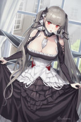 Rule 34 | 1girl, azur lane, bare shoulders, between breasts, black dress, blush, breasts, cleavage, cuboon, curtsey, day, dress, earrings, flight deck, formidable (azur lane), frilled dress, frills, grey hair, hair ribbon, highres, indoors, jewelry, large breasts, long hair, long sleeves, looking at viewer, nail polish, open mouth, red eyes, ribbon, rigging, skirt hold, solo, twintails, twitter username, two-tone dress, two-tone ribbon, very long hair, window