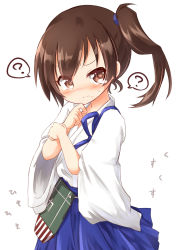 Rule 34 | 10s, 1girl, ?, aged down, blue skirt, blush, brown eyes, brown hair, closed mouth, food, food on face, highres, japanese clothes, kaga (kancolle), kantai collection, kisa (k isa), nose blush, pleated skirt, ponytail, rice, rice on face, short hair, side ponytail, simple background, skirt, solo, spoken question mark, white background
