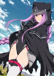 Rule 34 | 1girl, arm guards, armor, black cloak, black leotard, blue sky, blush, breasts, cloak, collar, fate/grand order, fate (series), faulds, forehead, highleg, highleg leotard, highres, hood, hooded cloak, leotard, long hair, looking at viewer, medusa (fate), medusa (lancer) (fate), open mouth, parted bangs, purple collar, purple eyes, purple hair, rider, sidelocks, sky, small breasts, solo, thighhighs, thighs, unadon, very long hair, white thighhighs