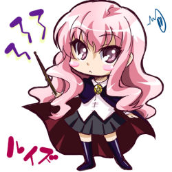 Rule 34 | 00s, 1girl, :&lt;, artist request, blush stickers, cape, character name, chibi, long hair, louise francoise le blanc de la valliere, lowres, non-web source, pentacle, pink eyes, pink hair, school uniform, serafuku, skirt, solo, thighhighs, wand, white background, zero no tsukaima