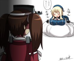 Rule 34 | 10s, 2girls, = =, atago (kancolle), bad id, bad pixiv id, bean bag chair, beret, black background, blonde hair, blush stickers, breast envy, breast rest, breasts, brown hair, commentary, drooling, gradient background, hat, kantai collection, kisaragi zwei, large breasts, long hair, muji body fitting sofa, multiple girls, open mouth, pantyhose, ryuujou (kancolle), saliva, smile, translated, twintails, visor cap, white background