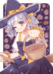 Rule 34 | 1girl, absurdres, alternate costume, basket, black hat, bodice, broom, cowboy shot, grey hair, halloween, hat, highres, kantai collection, master (momitai7), medium hair, one eye closed, ooshio (kancolle), purple eyes, shirt, smile, solo, white shirt, witch, witch hat