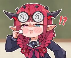 Rule 34 | !?, 1girl, black-framed eyewear, black shirt, bloom (irys), blue eyes, blush, braid, coke-bottle glasses, fang, flower, glasses, gloom (irys), hair flower, hair ornament, heterochromia, highres, holding, holding paper, hololive, hololive english, horns, irys (gaming casual) (hololive), irys (hololive), kukie-nyan, long hair, looking at viewer, multicolored hair, official alternate costume, open mouth, paper, pink eyes, pointy ears, purple hair, red flower, red hair, shirt, squinting, teeth, twin braids, two-tone hair, upper teeth only, virtual youtuber