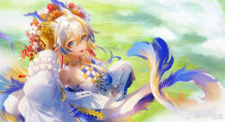 Rule 34 | 1girl, :d, aqua eyes, arknights, arm up, bare shoulders, beads, blonde hair, blue hair, blue tail, chinese commentary, cloud, colored extremities, commentary request, day, dragon girl, dragon horns, dragon tail, earrings, flower, flying, hair between eyes, hair intakes, head wreath, highres, horns, jacket, jewelry, kurosawaprynio, long hair, long sleeves, looking at viewer, multicolored hair, necklace, off shoulder, open clothes, open jacket, open mouth, orange flower, outdoors, pointy ears, red flower, shu (arknights), smile, solo, tail, turning head, watermark, weibo logo, weibo watermark, white flower, white hair, white jacket, white tail, yellow tail