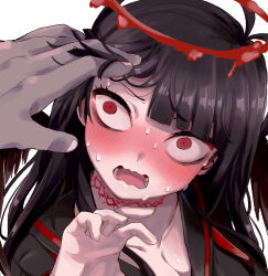 Rule 34 | 1boy, 1girl, black hair, black sailor collar, black serafuku, black wings, blue archive, blunt bangs, blush, breasts, choker, cleavage, halo, highres, large breasts, nervous sweating, nose blush, open mouth, red choker, red eyes, sailor collar, school uniform, serafuku, simple background, solo focus, sweat, touching another hair, tsurugi (blue archive), upper body, wars-ma, white background, wings