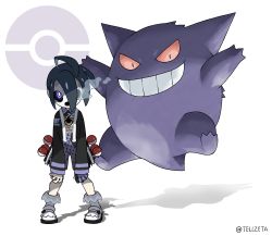 Rule 34 | 1boy, absurdres, ahoge, allister (pokemon), artist name, black hair, collared shirt, commentary request, creatures (company), game freak, gen 1 pokemon, gengar, gloves, gym leader, highres, holster, hunched over, long sleeves, looking at viewer, male focus, mask, nintendo, partially fingerless gloves, pigeon-toed, poke ball, poke ball (basic), poke ball symbol, pokemon, pokemon (creature), pokemon swsh, purple eyes, shirt, shoes, shorts, single glove, standing, suspender shorts, suspenders, tellzeta, white background, white footwear