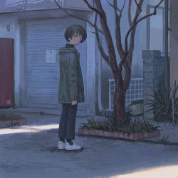 Rule 34 | 1boy, bare tree, black socks, brown hair, building, closed mouth, commentary, day, denim, expressionless, grass, green jacket, highres, jacket, jeans, long sleeves, looking at viewer, looking back, male focus, muji (uimss), original, outdoors, pants, shade, short hair, socks, solo, tree, white footwear