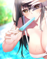 Rule 34 | 1girl, arm up, bikini, black hair, blurry, blurry background, blush, bokeh, breasts, brown hair, cleavage, collarbone, commentary request, day, depth of field, eating, fed (giba), fingernails, food, hair between eyes, hand up, highres, holding, holding food, ice cream, large breasts, long hair, looking at viewer, mole, mole on breast, mouth hold, original, outdoors, popsicle, shading eyes, sidelocks, solo, standing, sunlight, swimsuit, water, white bikini