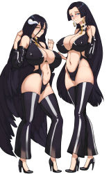 Rule 34 | 2girls, 47 hard, albedo (overlord), black hair, black wings, blue eyes, blush, boa hancock, breasts, breasts apart, cameltoe, choker, cleavage, closed mouth, covered erect nipples, crossover, detached sleeves, earrings, embarrassed, feathered wings, feathers, feet, female focus, full body, groin, hands up, height difference, high heels, highres, horns, huge breasts, jewelry, large breasts, legs, long hair, looking at viewer, multiple girls, one piece, overlord (maruyama), simple background, snake earrings, thighhighs, thighs, white background, wings, yellow eyes