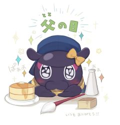 Rule 34 | abigail williams (fate) (cosplay), animal, blush, bow, brown bow, butter, calligraphy brush, commentary request, cosplay, fate/grand order, fate (series), father&#039;s day, food, looking at viewer, no humans, octopus, paintbrush, pancake, solo, sparkle, pancake stack, syrup, tokitarou (fate), totatokeke, translation request, white background