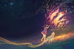 Rule 34 | 1girl, animal, barefoot, brown hair, commentary, dress, english commentary, fish, from behind, full moon, medium hair, moon, original, outstretched arms, red dress, solo, standing, underwater, watermark, web address, yuumei