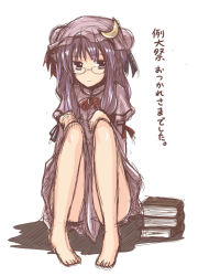 Rule 34 | 1girl, barefoot, female focus, full body, glasses, hat, lock heart (juuryokudou), long hair, looking at viewer, patchouli knowledge, simple background, sitting, sketch, solo, touhou, translated, white background