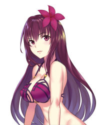 Rule 34 | 1girl, bikini, breasts, brown hair, cleavage, fate/grand order, fate (series), flower, hair flower, hair ornament, large breasts, looking at viewer, parted lips, red eyes, scathach (fate), scathach (fate/grand order), scathach (swimsuit assassin) (fate), smile, solo, swimsuit, upper body, yilan