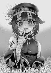 Rule 34 | argyle, bandaged arm, bandages, bare shoulders, commentary request, copyright request, ear piercing, earrings, flower, greyscale, hair between eyes, hair flaps, hand up, hat, hat flower, highres, jewelry, long sleeves, monochrome, off shoulder, peaked cap, piercing, shirt, sleeveless, sleeveless shirt, smile, spider lily, stud earrings, tongue, tongue out, upper body, virtual youtuber, wide sleeves, yomogi (becr)