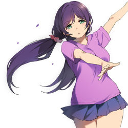 Rule 34 | 1girl, :o, blue skirt, duke (inu daimyou), green eyes, hair ornament, hair scrunchie, looking at viewer, love live!, love live! school idol project, low twintails, pink shirt, pleated skirt, purple hair, red scrunchie, scrunchie, shirt, short sleeves, simple background, skirt, solo, thighs, tojo nozomi, twintails, white background