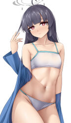 Rule 34 | 1girl, absurdres, ahoge, bare shoulders, black hair, blue archive, camisole, casperrin, collarbone, commentary request, cowboy shot, crop top, hand up, head tilt, highres, long hair, looking at viewer, midriff, miyu (blue archive), navel, no pants, off shoulder, panties, red eyes, simple background, solo, spaghetti strap, standing, stomach, thighs, underwear, very long hair, white background, white panties