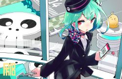 Rule 34 | 1girl, alternate costume, bird, black hat, black jacket, cellphone, chick, commentary, english commentary, flight attendant, garrison cap, green hair, hat, highres, holding, holding phone, hololive, jacket, long sleeves, looking at viewer, luggage, open mouth, phibonnachee, phone, piyoko (uruha rushia), qr code, red eyes, rolling suitcase, short hair, signature, smartphone, solo, suitcase, travel attendant, uruha rushia, virtual youtuber, walking