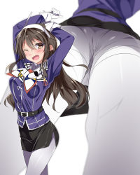 Rule 34 | 10s, 1girl, arms up, ashigara (kancolle), ass, belt, belt buckle, black hair, black skirt, blurry, blush, breasts, brown eyes, buckle, commentary request, depth of field, fang, from below, gloves, hair between eyes, hairband, highres, juliet sleeves, kantai collection, legs, long hair, long sleeves, looking at viewer, mtu (orewamuzituda), multiple views, one eye closed, open mouth, pantyhose, pencil skirt, puffy sleeves, side slit, simple background, skirt, smile, standing, uniform, v-shaped eyebrows, wavy hair, white background, white gloves, white pantyhose