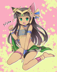 Rule 34 | 10s, 1girl, :d, animal ears, anklet, aqua eyes, armlet, bare shoulders, barefoot, bastet (p&amp;d), between legs, black hair, cat ears, cat tail, fang, hairband, hand between legs, jewelry, kaki s, kantai collection, long hair, looking at viewer, lots of jewelry, navel, nyan, open mouth, paw pose, puzzle &amp; dragons, romaji text, sitting, skirt, smile, solo, tail, tan, tanaozora stripe, wariza