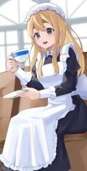 Rule 34 | 1girl, :d, absurdres, apron, black dress, blonde hair, blue eyes, blush, commentary request, cup, dress, frilled apron, frills, hair between eyes, highres, holding, holding cup, holding plate, indoors, k-on!, kotobuki tsumugi, long hair, long sleeves, looking at viewer, maid, maid apron, open mouth, plate, sitting, smile, solo, teacup, teeth, thick eyebrows, upper teeth only, white apron, yaki tai