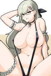 Rule 34 | 1girl, aegis (nerocc), areola slip, arm strap, arm up, black choker, black ribbon, black slingshot swimsuit, breasts, character request, choker, collarbone, copyright request, frilled straps, glasses, grey hair, hair ornament, hairclip, highres, huge breasts, knees up, navel, neck ribbon, red-framed eyewear, ribbon, simple background, sitting, solo, thigh strap, white background