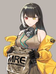 Rule 34 | 1girl, absurdres, belt, black gloves, black hair, breasts, commentary request, field ration, food, frown, gas mask, girls&#039; frontline, gloves, heterochromia, highres, holding, holding food, jacket, lanyard, large breasts, long hair, looking down, mask, mask around neck, mod3 (girls&#039; frontline), multicolored hair, red eyes, ro635 (girls&#039; frontline), ro635 (mod3) (girls&#039; frontline), sgholln, sidelocks, skirt, sleeveless, sleeveless sweater, solo, streaked hair, sweater, white hair, yellow eyes, yellow jacket