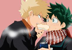 Rule 34 | 2boys, bakugou katsuki, blonde hair, blush, boku no hero academia, can, drink can, eating, food, food request, freckles, green hair, highres, holding, holding can, holding food, looking at another, male focus, midoriya izuku, multiple boys, no control, open mouth, orange sweater, pink background, red eyes, red scarf, scarf, sharing food, simple background, soda can, spiked hair, sweat, sweater, yaoi