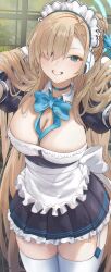 Rule 34 | 1girl, absurdres, apron, asuna (blue archive), black choker, black dress, blue archive, blue bow, blue bowtie, blue eyes, blue halo, blush, bow, bowtie, breasts, cherre, choker, cleavage, dress, elbow gloves, frilled dress, frills, gloves, grin, hair over one eye, halo, hand in own hair, highres, large breasts, long hair, looking at viewer, maid, maid apron, mechanical halo, mole, mole on breast, ribbon, short sleeves, smile, solo, standing, traditional bowtie, white gloves