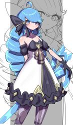 Rule 34 | 1girl, absurdres, ahoge, bare shoulders, black bow, black dress, black gloves, blue hair, bow, breasts, collarbone, dress, drill hair, frilled dress, frills, gloves, green hair, grey background, gwen (league of legends), hair bow, highres, holding, holding scissors, league of legends, long hair, looking at viewer, monakan japan, oversized object, pantyhose, scissors, small breasts, solo, striped clothes, striped pantyhose, swept bangs, twin drills, twintails, white background