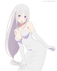 1girl absurdres bare_shoulders blush breasts cleavage coro_fae dress elbow_gloves elf emilia_(re:zero) gloves highres leaning_forward long_dress long_hair looking_at_viewer open_mouth pointy_ears purple_eyes re:zero_kara_hajimeru_isekai_seikatsu simple_background solo standing strapless strapless_dress tube_dress twitter_username white_background white_dress white_gloves