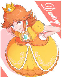 Rule 34 | 1girl, blue eyes, breasts, brown hair, crown, dress, earrings, flipped hair, flower earrings, frilled dress, frills, full body, gem, gloves, grin, hands on own hips, highres, jewelry, large breasts, looking at viewer, looking up, mario (series), mario party, nintendo, orange dress, princess daisy, puffy short sleeves, puffy sleeves, short hair, short sleeves, smile, smug, solo, standing, super mario land, super smash bros., white gloves