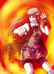 Rule 34 | 1girl, absurdres, adapted costume, alternate eye color, beret, bow, braid, clenched hand, female focus, fingerless gloves, fire, gloves, grey eyes, hair bow, hat, highres, hong meiling, long hair, parano, red hair, red theme, skirt, solo, star (symbol), torn clothes, touhou, twin braids, zipper