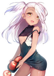 Rule 34 | 1girl, :d, apple, bare arms, bare shoulders, black dress, breasts, brown eyes, chloe von einzbern, commentary, dark-skinned female, dark skin, dress, fate/kaleid liner prisma illya, fate (series), female focus, food, fruit, long hair, no bra, one side up, open mouth, panties, red apple, revision, silver hair, simple background, skirt basket, small breasts, smile, solo, standing, strap slip, underwear, very long hair, white background, white panties, yan (nicknikg)