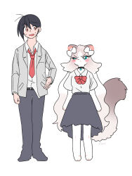 Rule 34 | 1boy, 1girl, :&lt;, animal ear fluff, animal ears, animal feet, animal hands, annoyed, arm at side, arms at sides, artist name, asymmetrical hair, black choker, black hair, black skirt, blue eyes, body fur, bow, bowtie, brown eyes, cat ears, cat girl, cat tail, choker, closed mouth, cocri, collared shirt, earrings, eye contact, flat chest, flat color, full body, furry, furry female, gradient hair, grey fur, grey hair, grey jacket, grey shirt, hair between eyes, hair bow, hand on own hip, highres, jacket, jewelry, kawai kousuke (cocri), long hair, looking at another, looking to the side, milky (cocri), multicolored hair, necktie, nervous, nervous smile, open clothes, open jacket, open mouth, original, red bow, red bowtie, red necktie, shirt, shirt tucked in, short hair, short sleeves, signature, simple background, sketch, skirt, smile, standing, straight-on, stud earrings, sweat, tail, two-tone fur, two-tone hair, v-shaped eyebrows, very long hair, whiskers, white background, white bow, white fur, white hair, wide-eyed