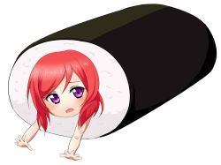 Rule 34 | 10s, 1girl, food, highres, looking at viewer, love live!, love live! school idol project, makizushi, nishikino maki, outstretched arms, pun, purple eyes, red hair, satoharu, short hair, simple background, solo, sushi, tears, wavy mouth, white background