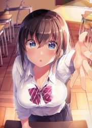 Rule 34 | 1girl, :o, absurdres, black hair, black skirt, blue eyes, blush, bow, bowtie, breasts, brown hair, chair, classroom, cleavage, commentary request, hair between eyes, hand up, highres, indoors, large breasts, long sleeves, looking at viewer, original, pink bow, pink bowtie, school uniform, shiro kuma shake, shirt, short hair, skirt, solo, striped bow, striped bowtie, striped clothes, striped neckwear, table, white shirt