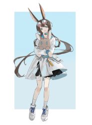 Rule 34 | :d, amiya (arknights), animal ears, arknights, black skirt, blue-framed eyewear, blue background, blue eyes, brown hair, commentary request, floating hair, full body, hair ornament, hairclip, head tilt, highres, hugging object, jacket, l eri, long hair, looking at viewer, open mouth, pleated skirt, rabbit ears, round eyewear, see-through, shoes, skirt, smile, socks, standing, stuffed animal, stuffed rabbit, stuffed toy, two-tone background, very long hair, white background, white footwear, white jacket, white socks